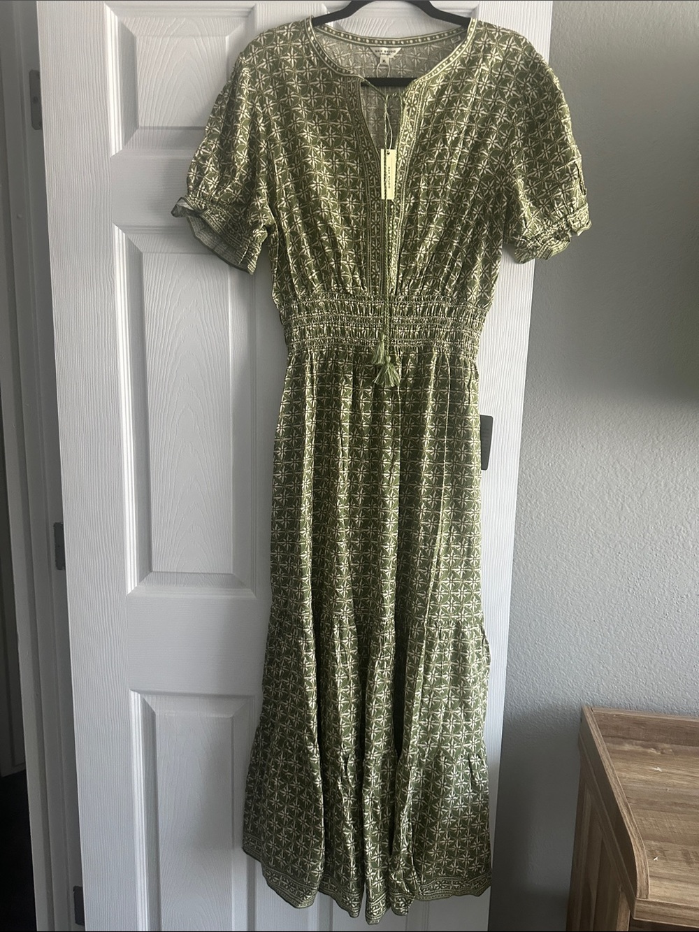 Max Studio Olive Green Printed Smocked Maxi Dress